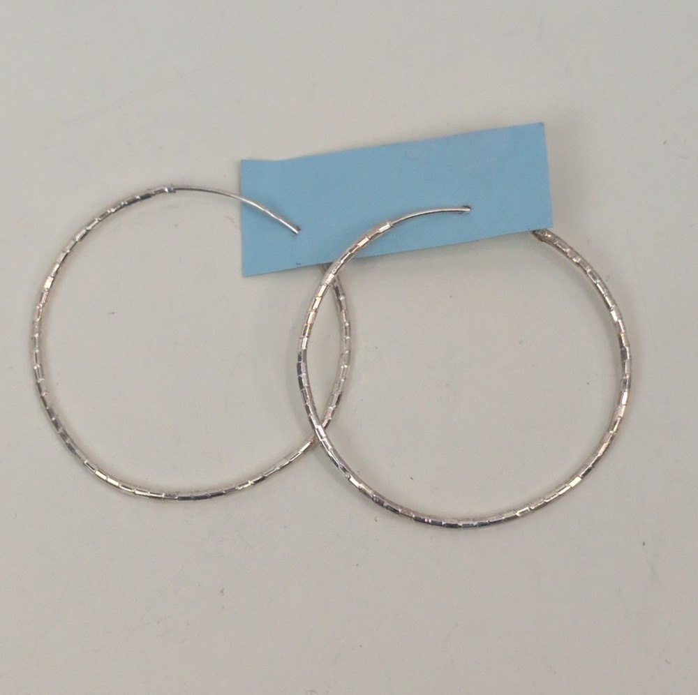 925 Sterling Silver Textured Endless Hoop Earrings Large Round Thin Wire Vintage