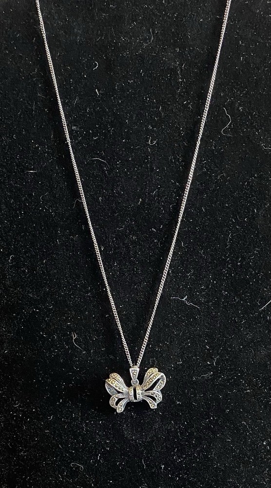 Vintage 925 Sterlling Silver Marcasite Bow Pendant Necklace 18″ Curb Link Chain