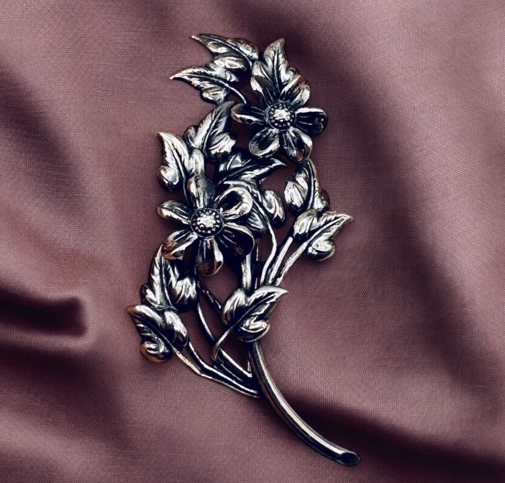 Vintage Danecraft Sterling Silver Floral Spray Brooch Pin Blooming Branch 3 1/8”