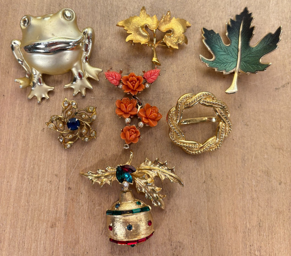 Lot of 7 Vintage Costume Jewelry Brooches and Clips, Frog, Leaves, Ornament