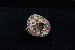 Vtg Domed Confetti Gold Tone Acrylic Resin Artist Made Adjustible Ring Fireworks