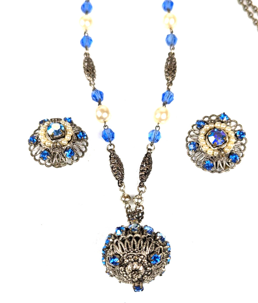 WEST GERMANY Pendant/Necklace Earring Set Blue AB Rhinestone Faux Pearls 1950s