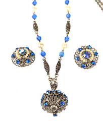 WEST GERMANY Pendant/Necklace Earring Set Blue AB Rhinestone Faux Pearls 1950s