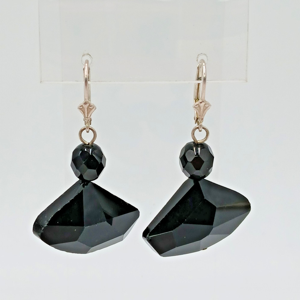 VTG 925 Earrings 1in Wide Black Faceted Glass Sterling Silver Ear Wire Art Deco