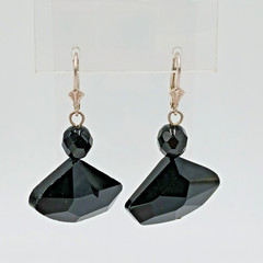 VTG 925 Earrings 1in Wide Black Faceted Glass Sterling Silver Ear Wire Art Deco