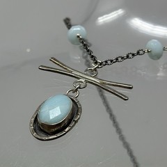 Vintage J+I Artisan Sterling Silver 925 Oval Bezel Aquamarine Pendant Necklace