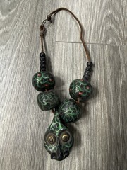 Vintage Folk Art Snake Necklace Hand Painted Beads Leather Cord Tribal Primitive