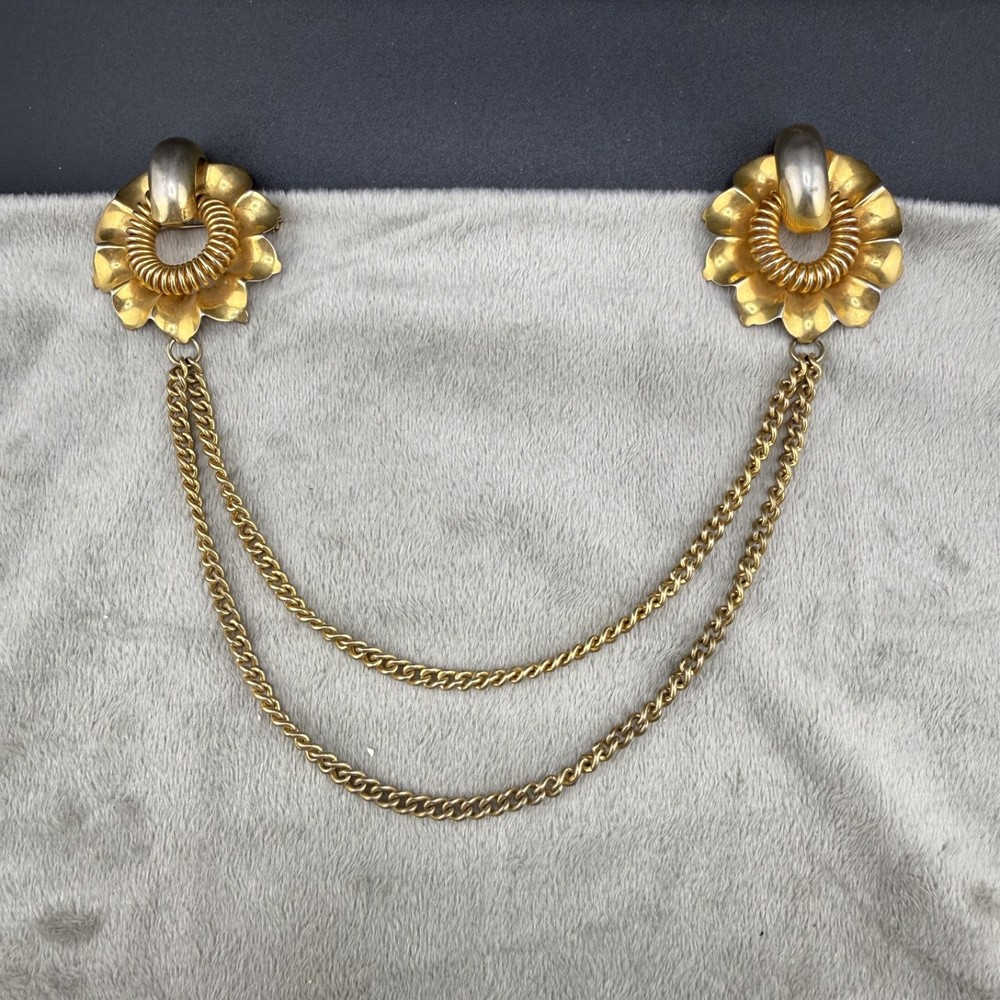 Vintage Double Brooch Set Chatelaine Gold Tone Chain