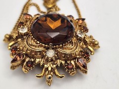 Vintage Florenza Signed Brooch Amber Topaz Rhinestone Gold Tone Chains 3.25″ Lg