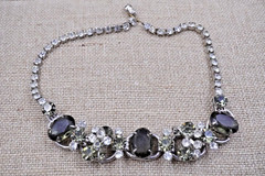 Juliana D&E 5 Link Cabochons Smokey Green & Clear Rhinestone Necklace 15” Long