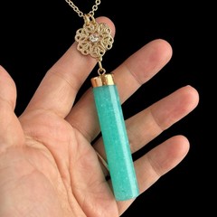 Aqua Quartz Gemstone Pendant Gold Tone Filigree Long Necklace Signed Nice 26 in
