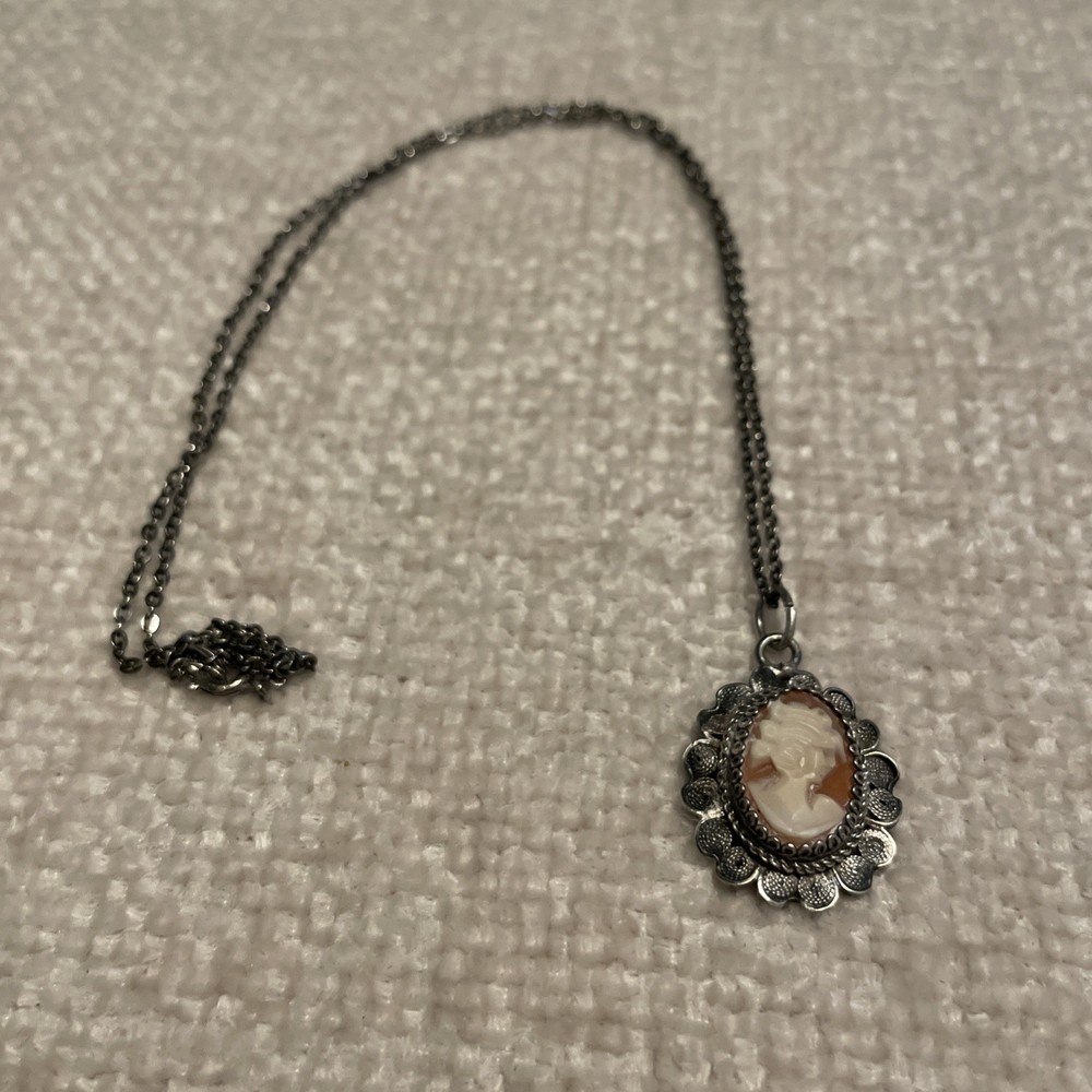 Vintage Silver Cameo And Chain 800 Silver Pendant Chain Marked Sterling