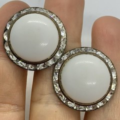 Vtg Channel Set Rhinestone Halo White Cabochon Brass Huggie Earrings Screwback