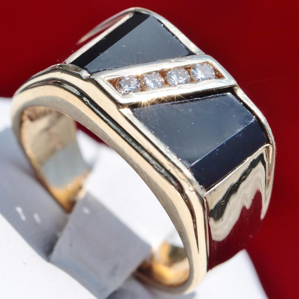 14k yellow gold ring 0.16ct diamond onyx size 8.5 vintage handmade 9.8gr N2303