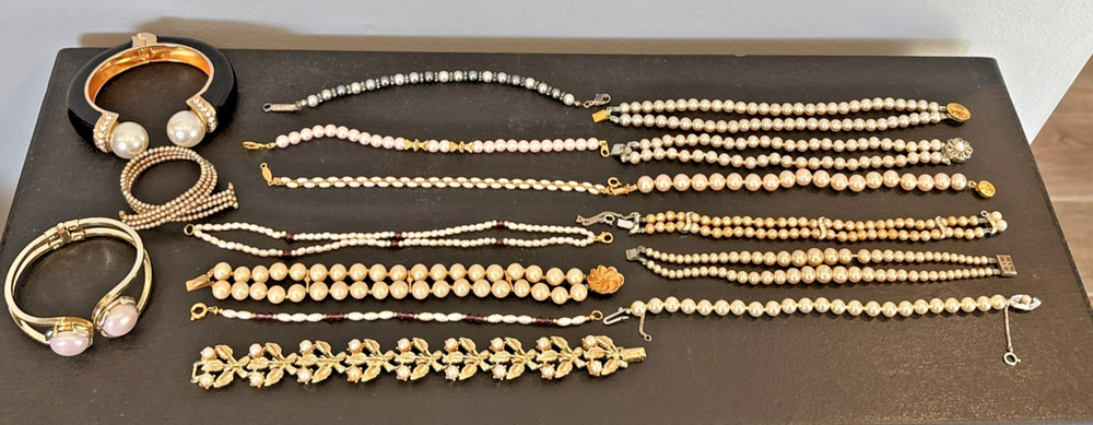 Lot 16 Vintage Now Simulated Faux Pearl Bracelets 2 Napier 1 Coro 2 Patented