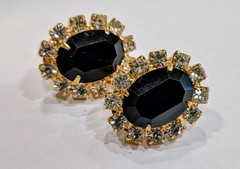 Eisenberg Ice Black Jet Oval Rhinestone Halo Clip Earrings Gold Tone Orig Card