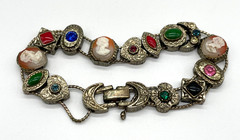 VTG Victorian Revival 14 sliding charms bracelet gold tone Cameo Rhinestone 7″