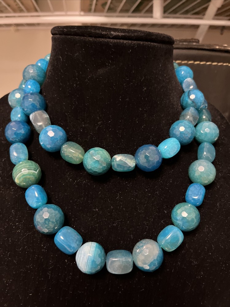 NATURAL BLUE ROUND FACETED MINERAL STONE BEADS NECKLACE AGATE BEADED HSN 314g