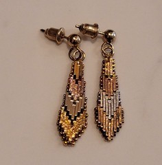 Vintage Tri-Tone Dangle Earrings Geometric Textured Post Back Estate Pair