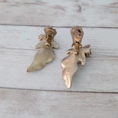 Vintage Clip On Earrings 1 & 5/8″ Gold Tone Leaf with Faux Pearl Statement Fall