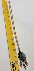 Vintage CELEBRITY Large Rhinestone Faux Turquoise Pendant Necklace GoldTone Boho