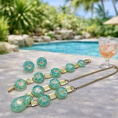 1960s Aqua Resin Necklace Bracelet Earring Set Mid Century Mod Statement
