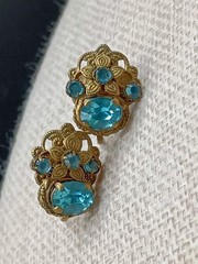 Art Deco Czech Aqua Blue Stone Earrings Flower Basket Gold Tone Screw Back