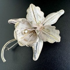 Vintage Sterling Orchid Brooch Pearl Floral Pin Modernist Mid Century 2.4”