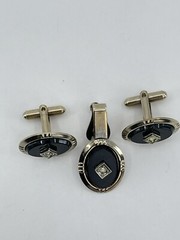 vintage cufflinks and tie clip set oval rhinestone in a diamond shaped setting