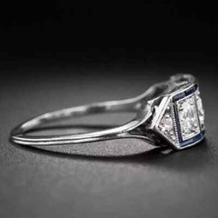 Art Deco Lab Created Diamond Sapphire Three-Stone 14K White Gold FN Wedding Ring