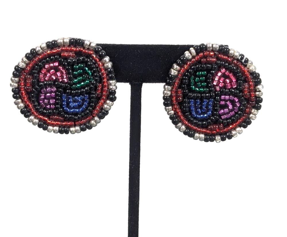 Vintage Boho Glass Seed Beaded Tribal Colorful Round Leather Back Earrings