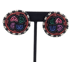Vintage Boho Glass Seed Beaded Tribal Colorful Round Leather Back Earrings