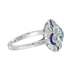 Art Deco Style Lab Created Diamond Aquamarine Sapphire Ring 14K White Gold FN