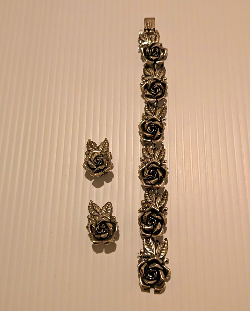 Vintage Peruzzi Bracelet & Clip-On Earrings Set Signed 800 Silver Rose Motif