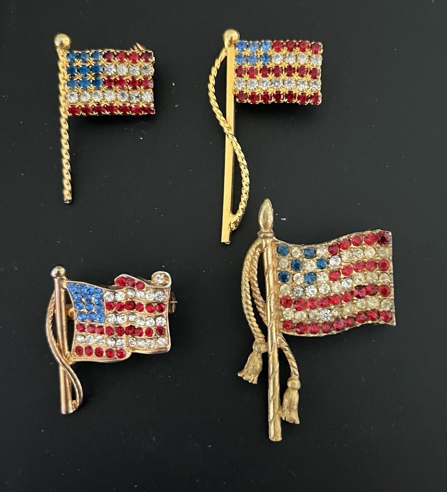 American Rhinestone Flags Brooches Pins TEN Lot Signed 4th Of July
