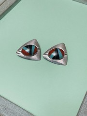N/A? Zuni Style Mosiac Sterling Silver Earrings Clip-on Large Vintage/Retro 20g