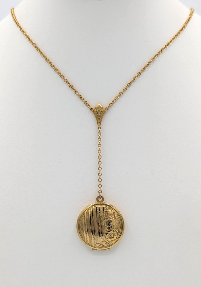 Vintage 1928 Y Drop Locket Necklace Etched Gold Tone Floral Round Photo Long 30″