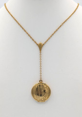 Vintage 1928 Y Drop Locket Necklace Etched Gold Tone Floral Round Photo Long 30″