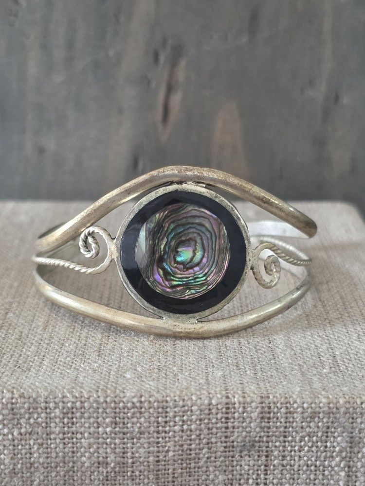 Alpaca Mexico Abalone Open Cuff Bangle Bracelet Silver Tone Vintage