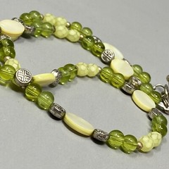 Dainty Glass Station Necklace Lime Green Druk Bead MOP Frosted Acrylic Faceted