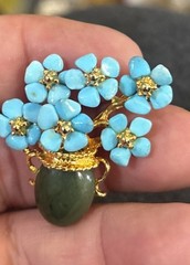 AUTHENTIC SWOBODA FLOWER VASE BROOCH ~ GENUINE, Turquoise Jade ~WOW!