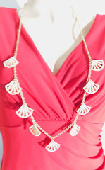 White Peach Acrylic Rhinestone Gold Tone Metal Fan Dangle Chain Necklace Vintage