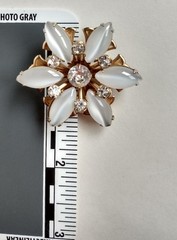 Vintage Mid Century White Flower Rhinestone Milky Bead Gold Tone Brooch Pin MCM