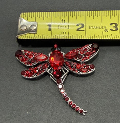 Red Rhinestone Dragonfly Brooch Pendant Faceted Center Stone Silver Tone 2.5″