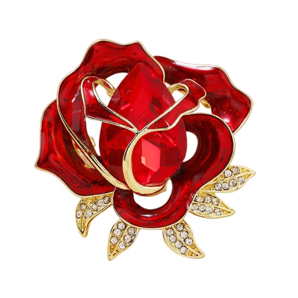Rhinestone Red Flower Brooch Pin for Women Girls Gold-Tone Fashion Crystal En…