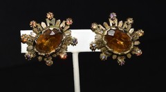 Vintage Coro Amber Rhinestone Aurora Borealis Accents Clip Hinge Earrings