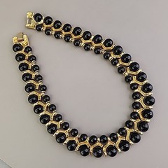 Vintage Beaded Necklace Black Gold Tone Collar Choker SHORT 14.5″