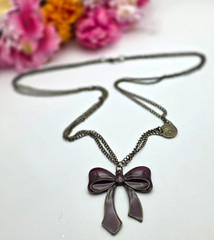 Vintage Bow Pendant Necklace Maroon Enamel French Coin Charm Layered 29 in
