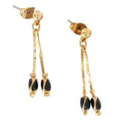 Gold Tone Chain Double Dangle Black Bead Pierced Earrings 1 1/2″