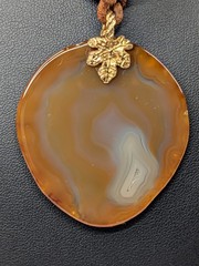Vintage Carnelian Agate Slab Pendant Necklace Wood Bead Leather Cord 22″ Boho